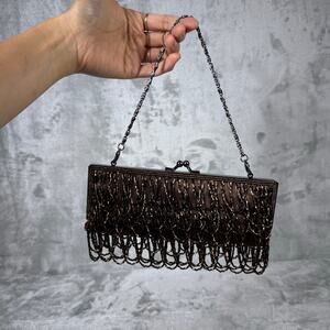 Vtg Carlo Fellini Evening Purse Brown Beaded Kiss lock Chain